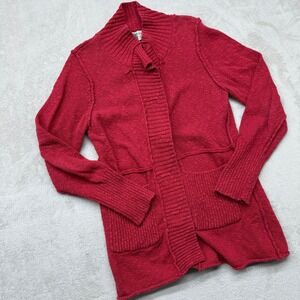 Habit Sweater Women's Medium Cardigan Red Textured Cotton Open Front‎ Mock Neck